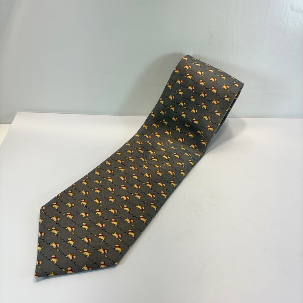 Tucci Firenze Italy Silk Tie Mens Grey Scottish Terrier Dog Print Animal Motif
